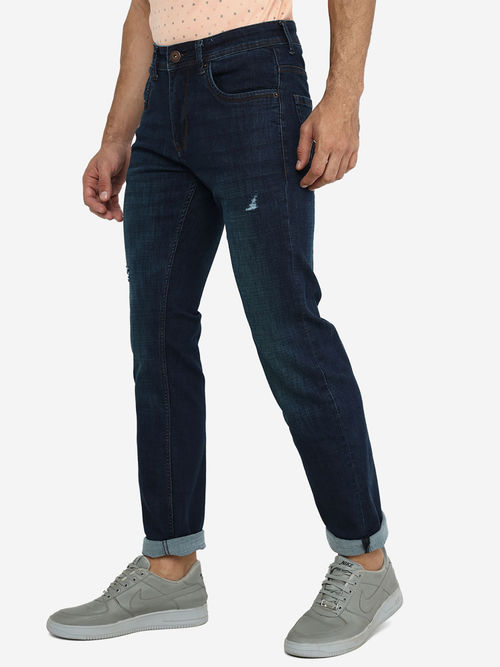 Buy Greenfibre Mens Cotton Stretch Washed Navy Blue Slim Fit Jeans