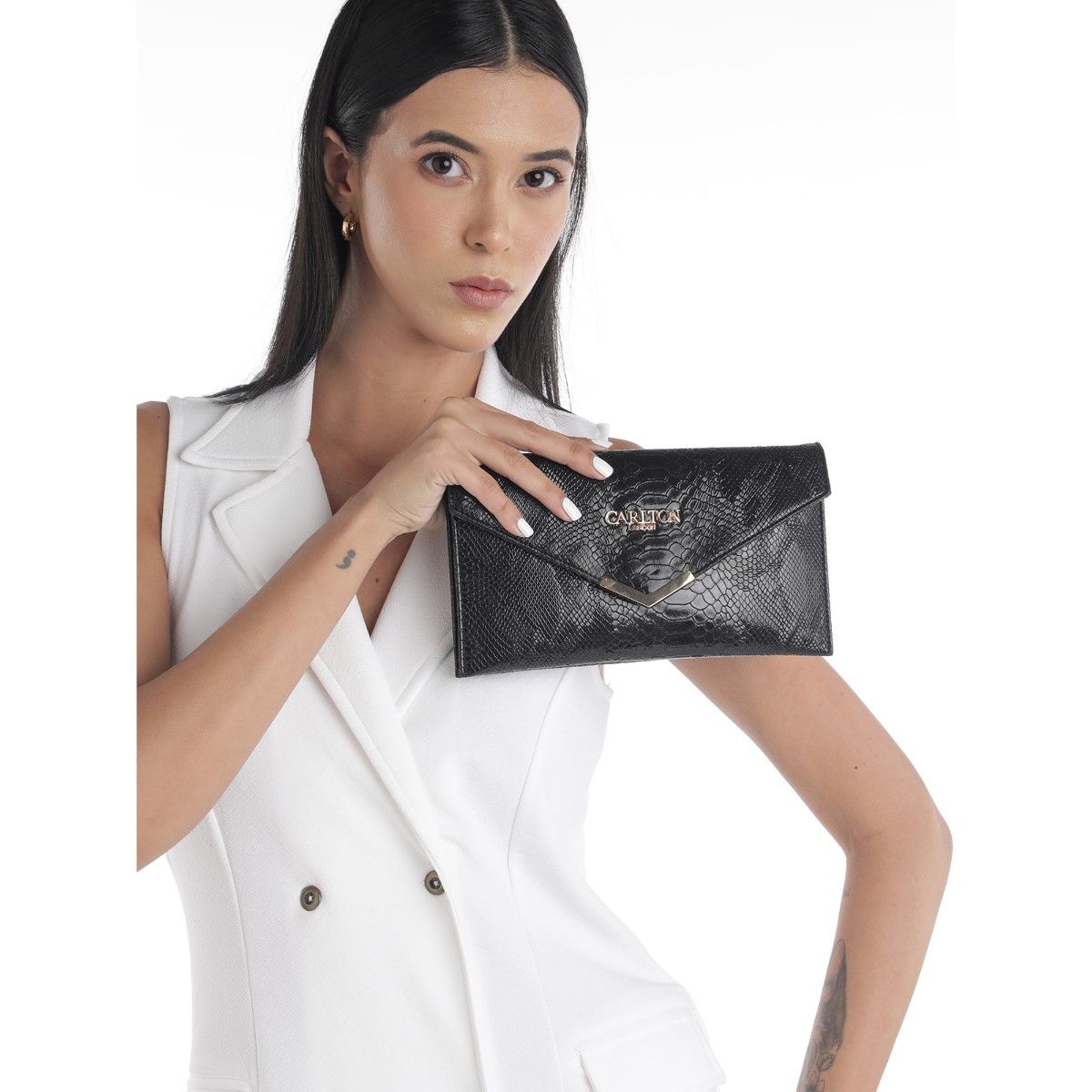 Buy Carlton London Black Snake-Print Envelope Clutch Online