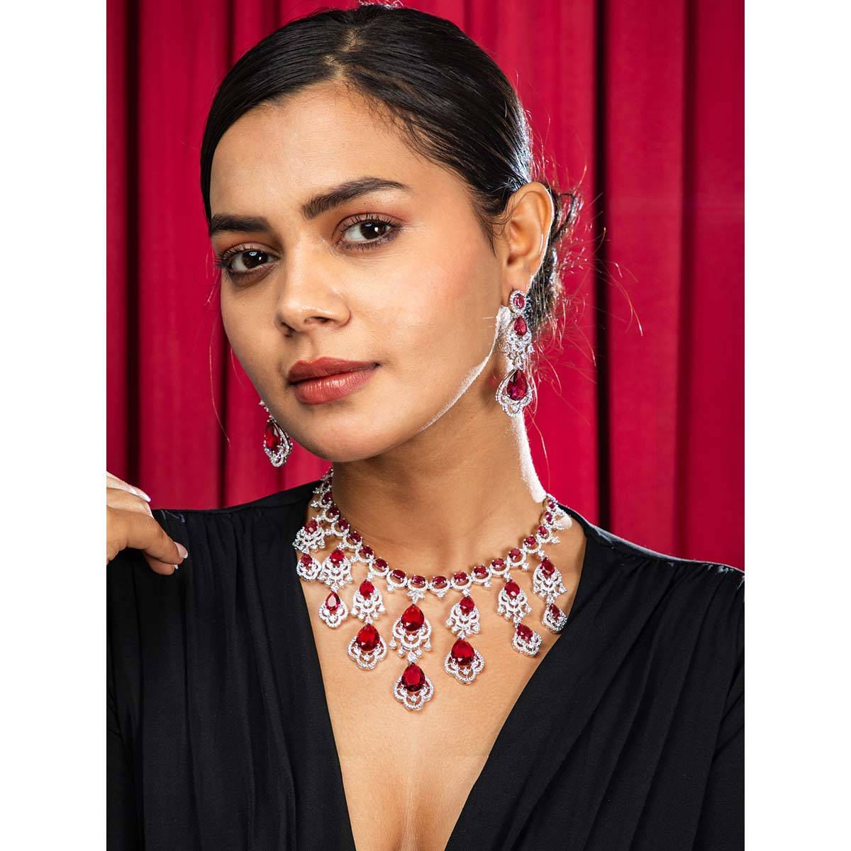 Niscka Red and White Regal Sparkle AD Necklace with Earrings