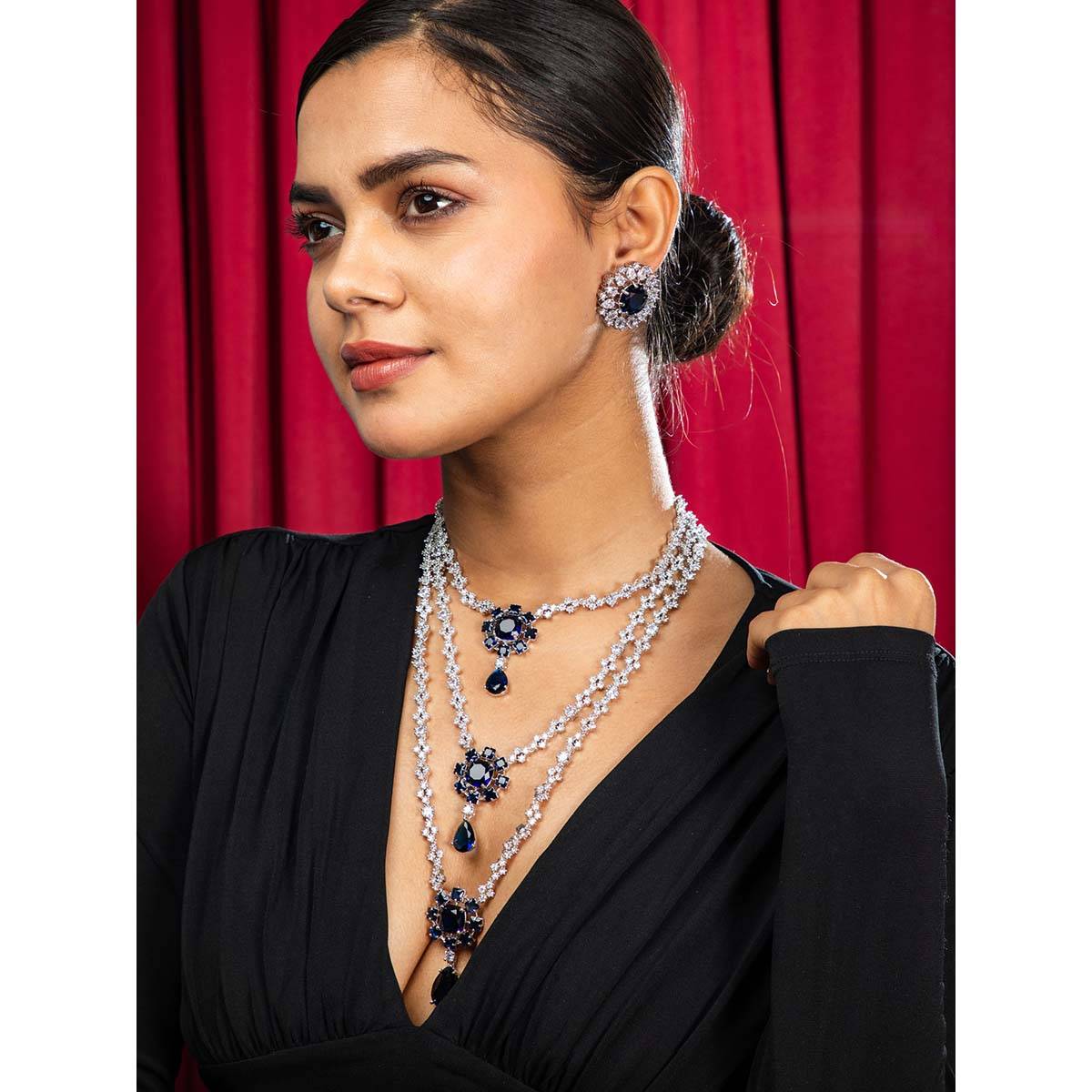 Niscka Royal Blue Majesty Triple Layered American Diamond Necklace with Earrings