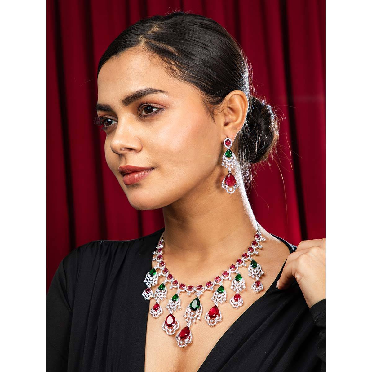 Niscka Silver Rhodium Green & Red American Diamond Necklace with Earrings