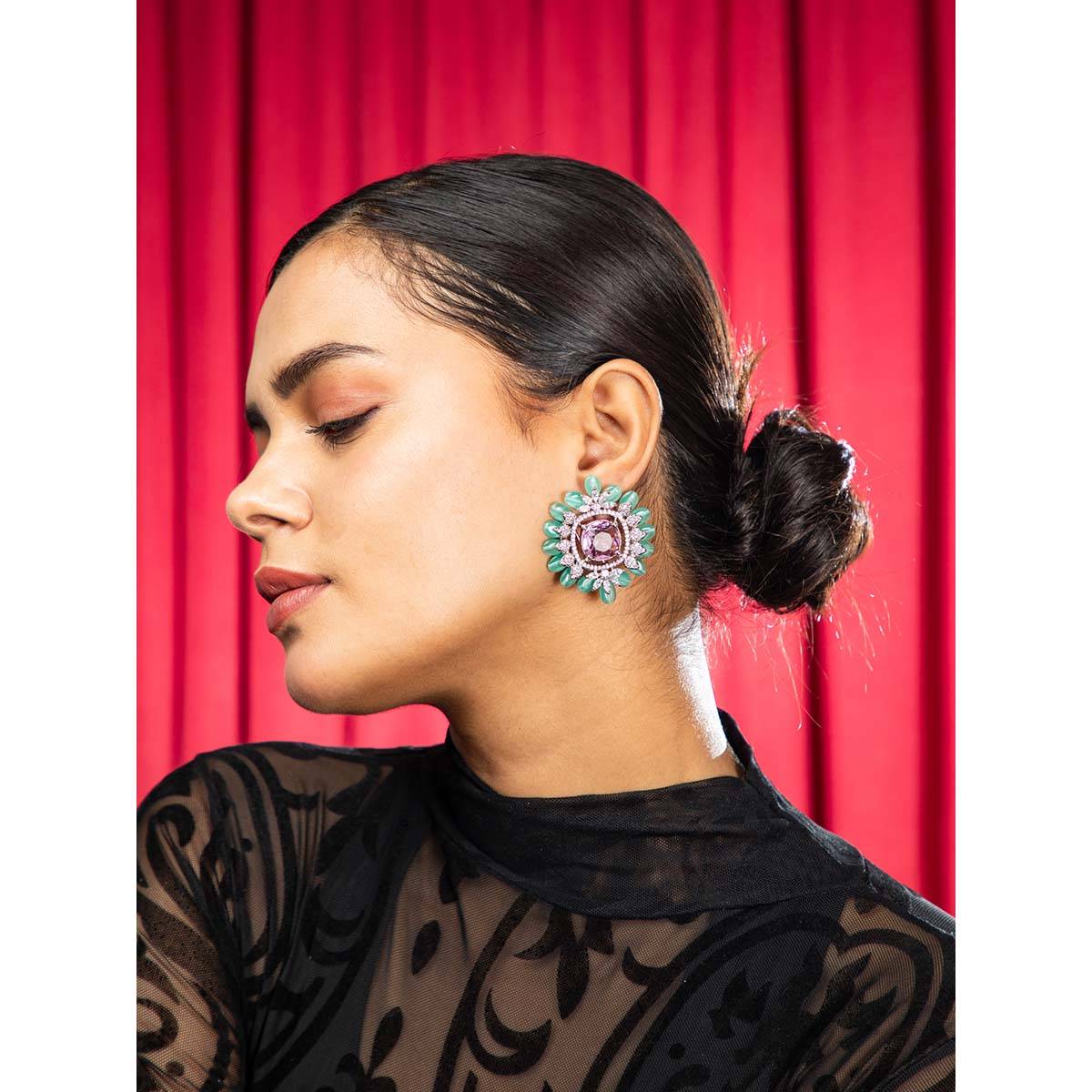 Niscka Silver Rhodium Hydro Pink & Green American Diamond Stud Earrings