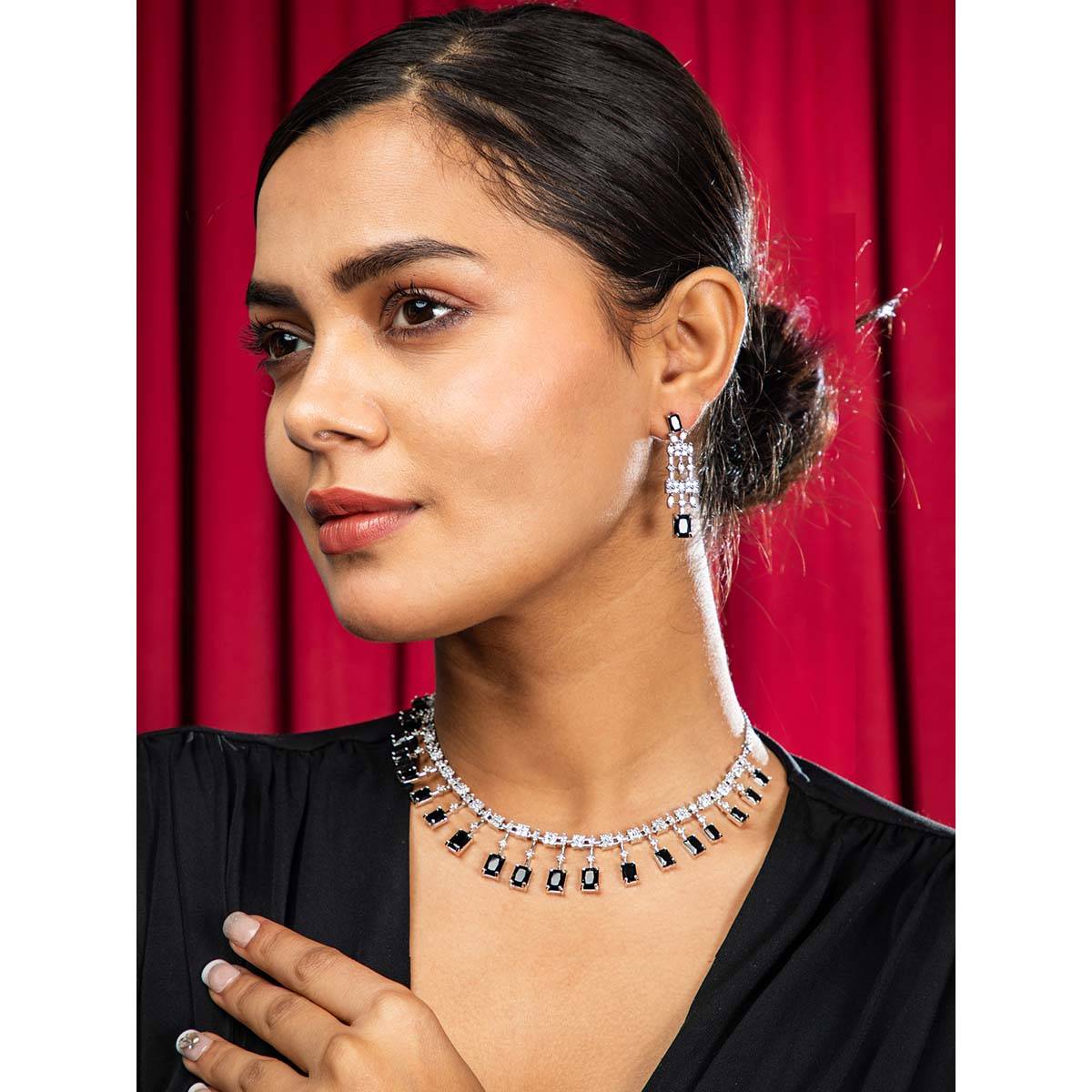 Niscka Black Stone White AD Necklace with Earrrings