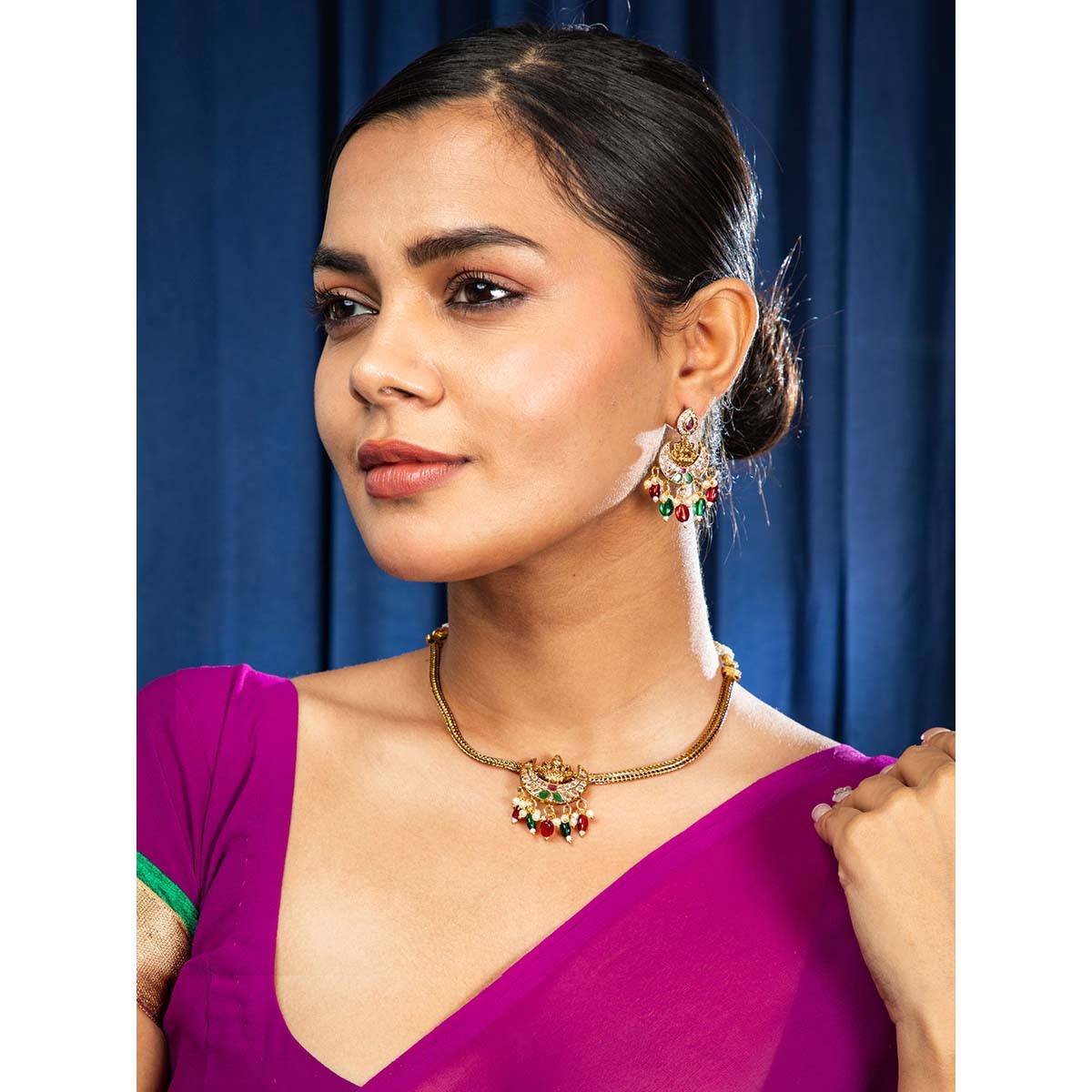 Niscka 24K Gold Divine Green Red Lakshmi Temple Necklace with Earrings