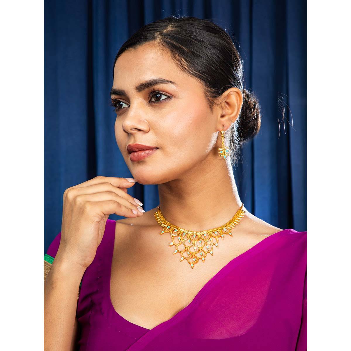 Niscka Blue Petal Elegance 24K Gold Plated Necklace with Earrings