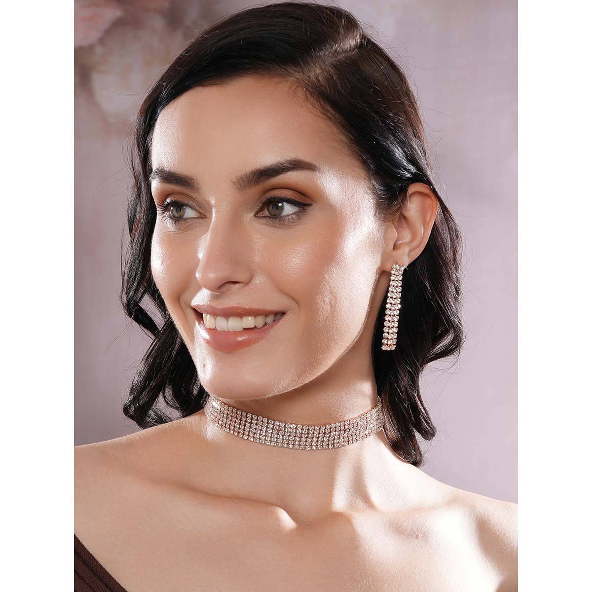 Aatmana Rosegold Crystaland Zirconia Studded Multistrand Necklace with Earrings