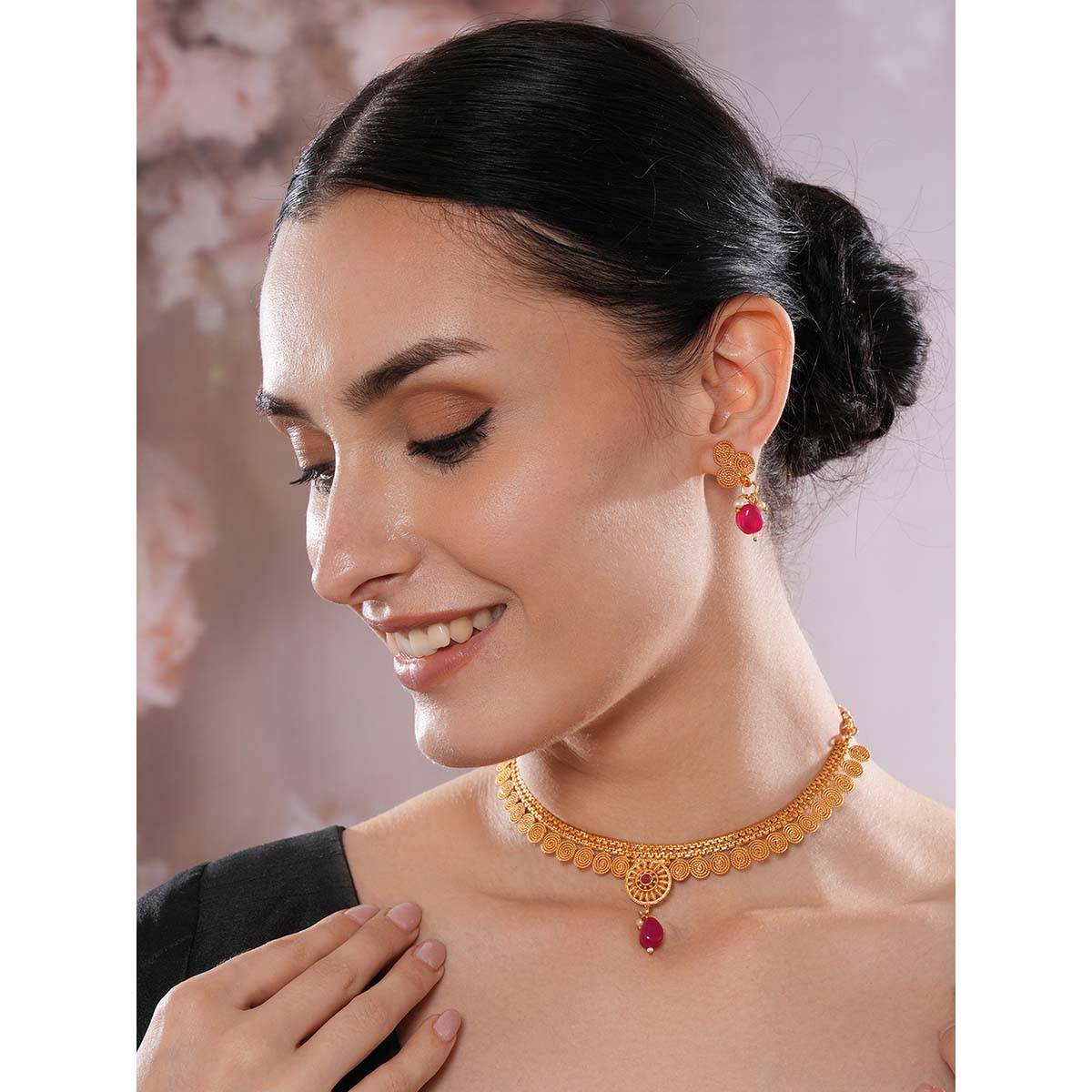 Aatmana Gold Plated Red Stone Studded Spiral Necklace with Earrings