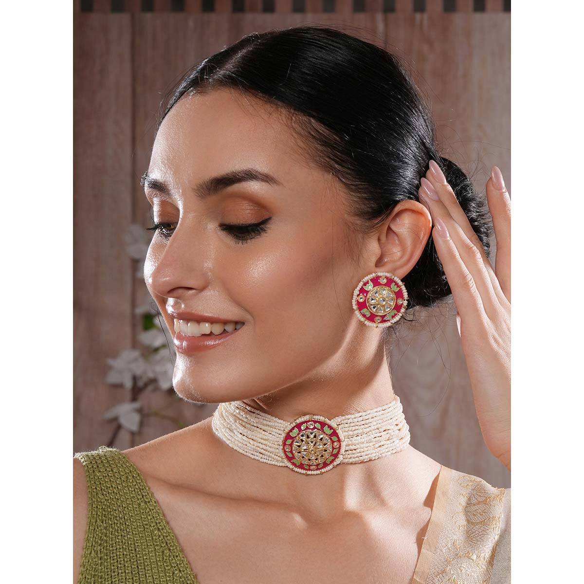 Aatmana Gold Plated Green & Pink Meenakari Work Floral Multistrand Necklace with Earrings