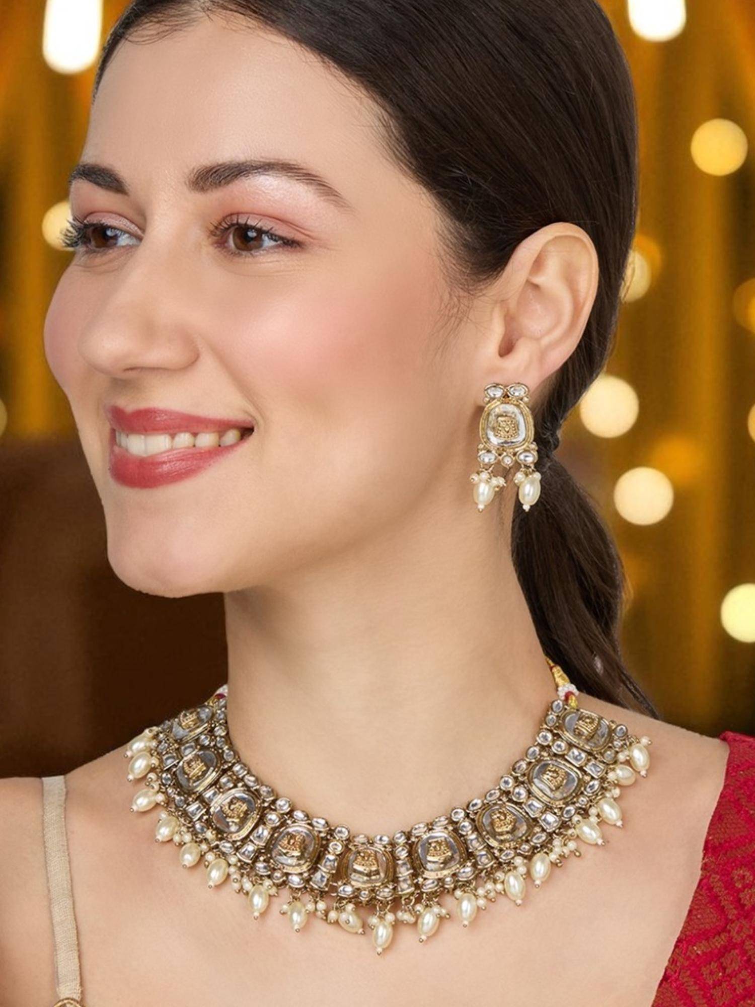 OOMPH Large Kundan Stones Gold Tone Necklace with Earrings