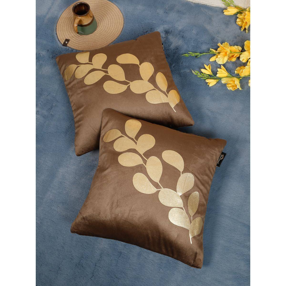HOSTA HOMES Soft Velvet Golden Foil Graphic Printed Cushion Covers - Brown (16 x 16 Inches)