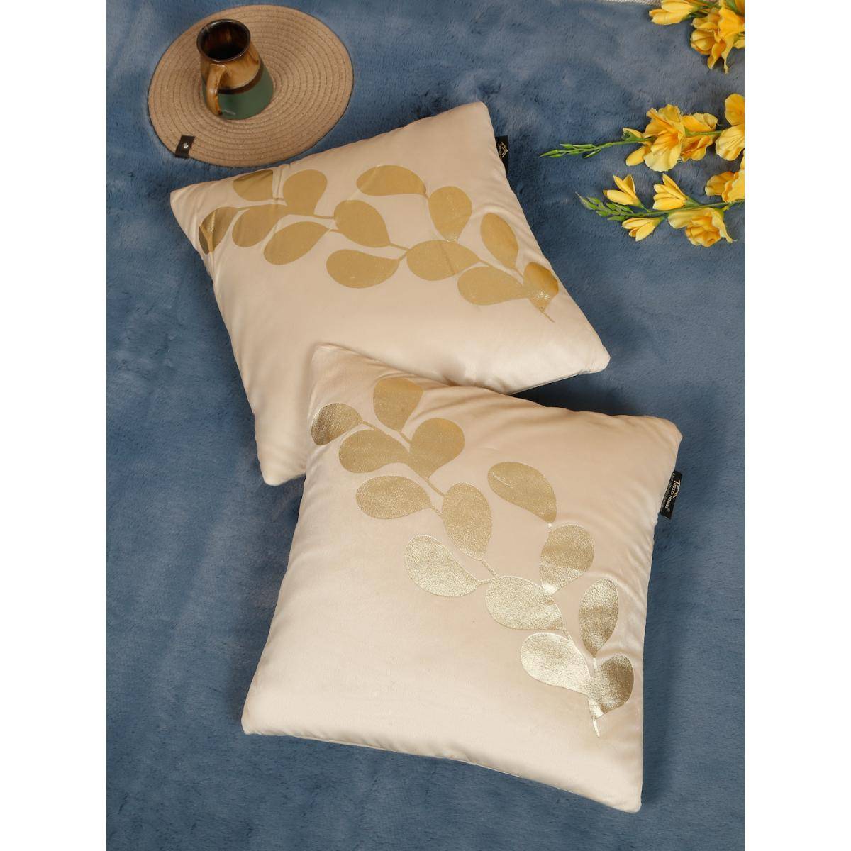 HOSTA HOMES Soft Velvet Golden Foil Graphic Printed Cushion Covers - Cream (16 x 16 Inches)