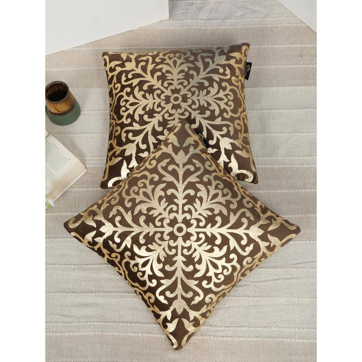 HOSTA HOMES Soft Velvet Golden Foil Ethnic Printed Cushion Covers - Brown (16 x 16 Inches)