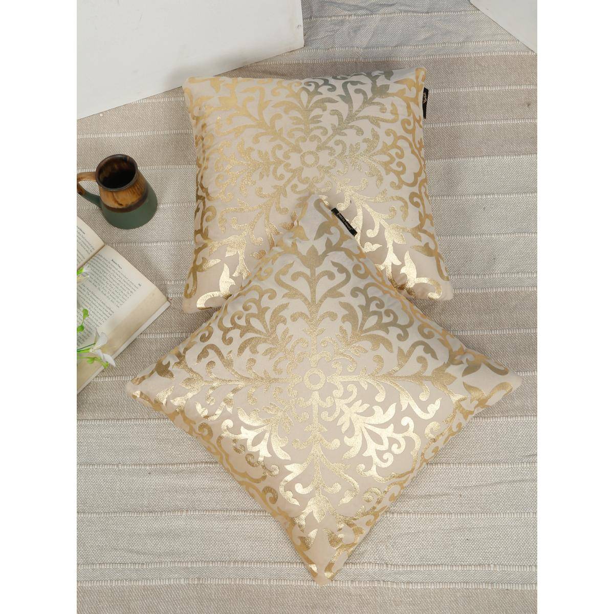 HOSTA HOMES Soft Velvet Golden Foil Ethnic Printed Cushion Covers - Cream (16 x 16 Inches)