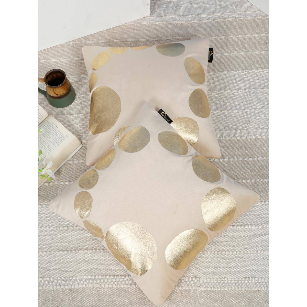 HOSTA HOMES Soft Velvet Golden Foil Graphic Printed Cushion Covers - Cream (16 x 16 Inches)