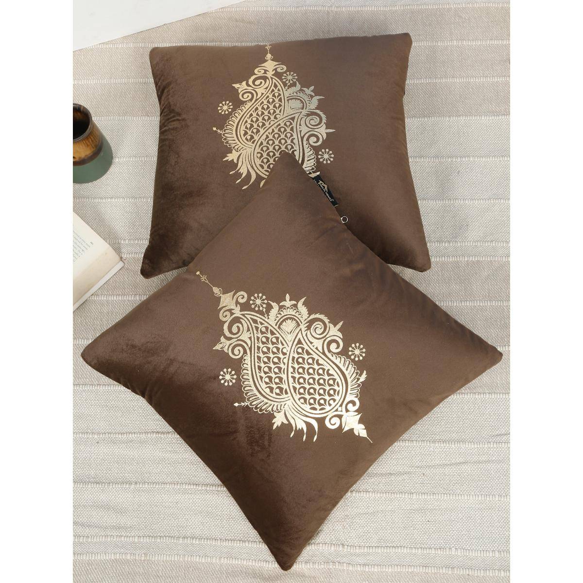HOSTA HOMES Soft Velvet Golden Foil Ethnic Printed Cushion Covers - Brown (16 x 16 Inches)