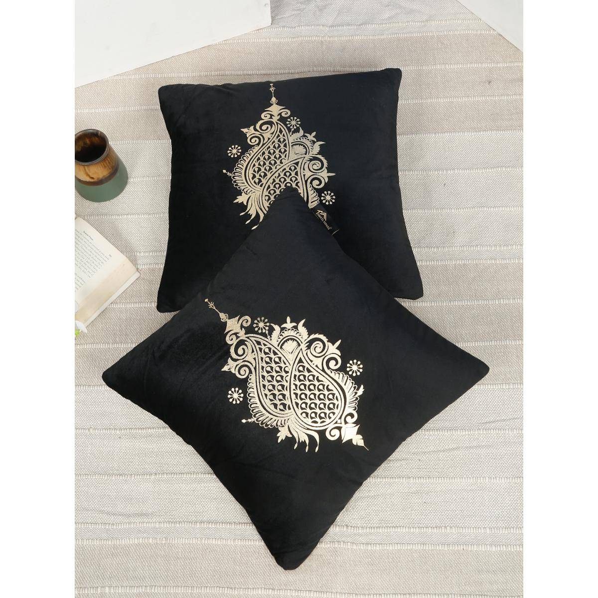 HOSTA HOMES Soft Velvet Golden Foil Ethnic Printed Cushion Covers - Black (16 x 16 Inches)