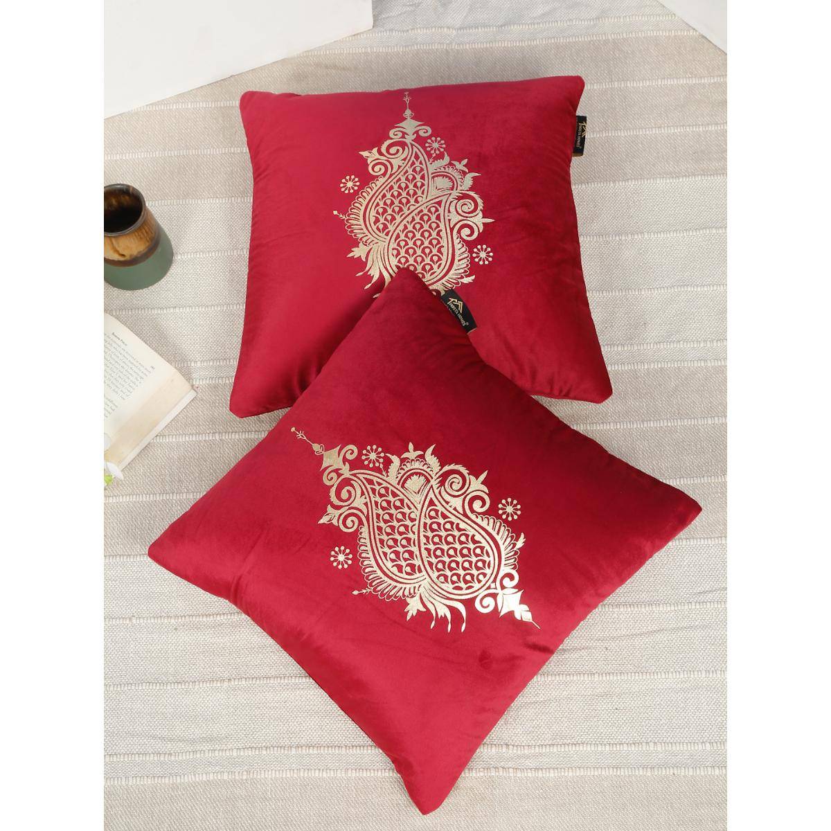 HOSTA HOMES Soft Velvet Golden Foil Ethnic Printed Cushion Covers - Maroon (16 x 16 Inches)