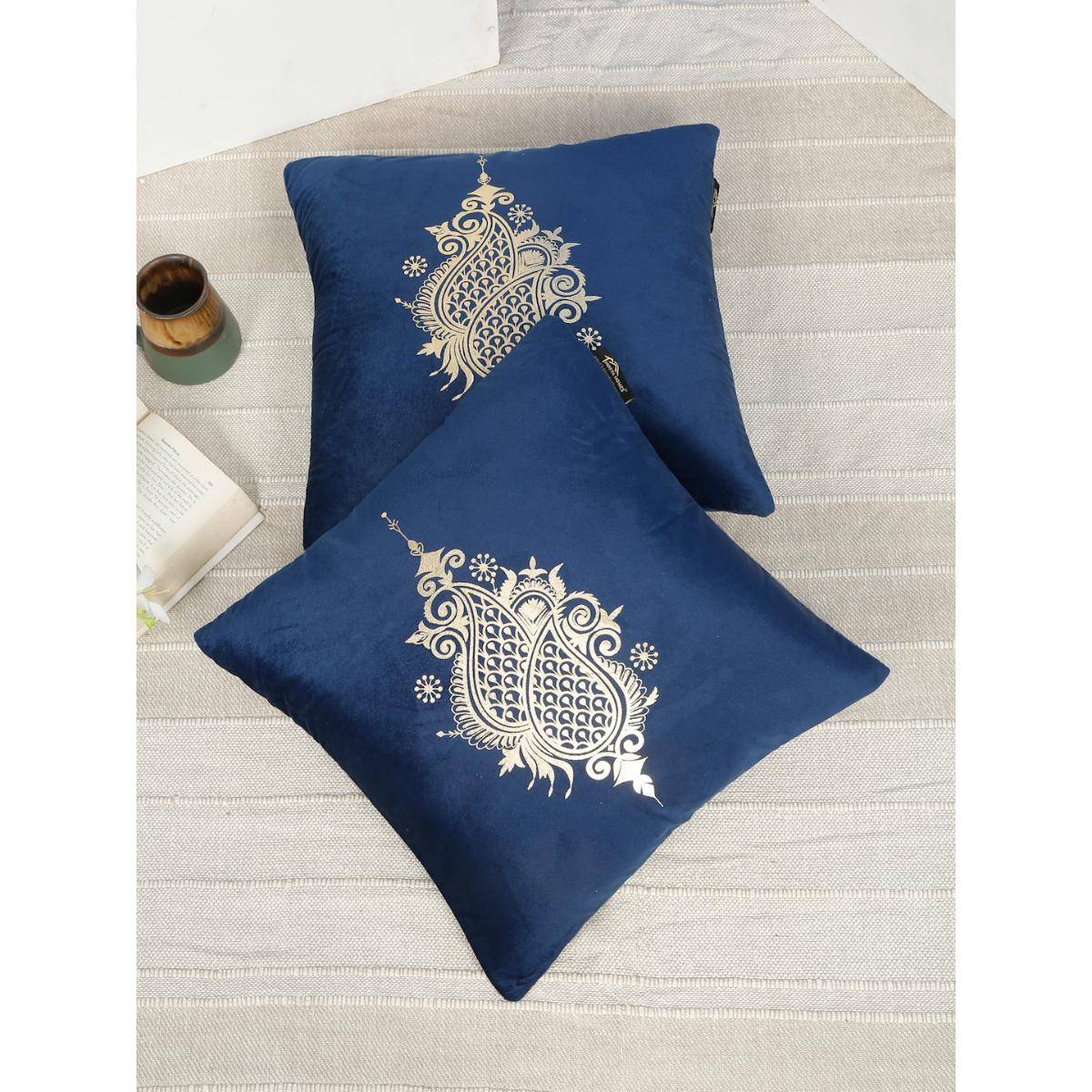 HOSTA HOMES Soft Velvet Golden Foil Ethnic Printed Cushion Covers - Navy Blue (16 x 16 Inches)