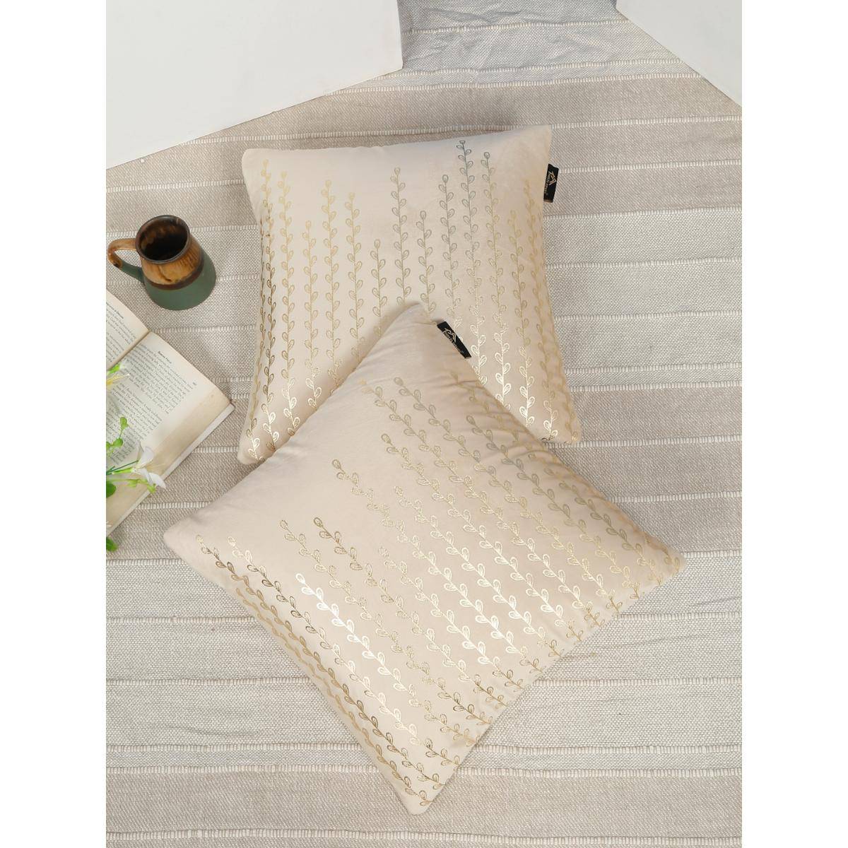 HOSTA HOMES Soft Velvet Golden Foil Nature Printed Cushion Covers - Cream (16 x 16 Inches)