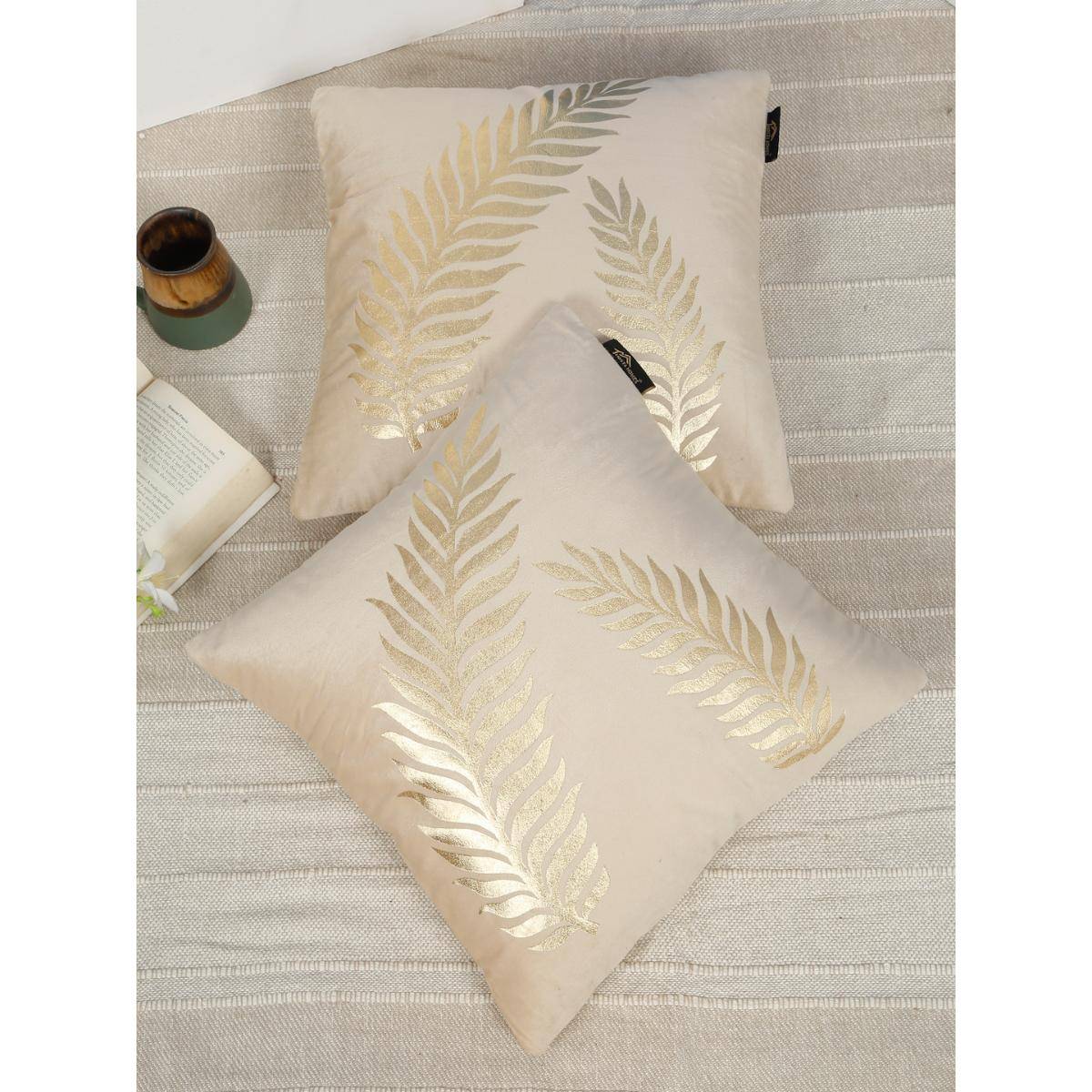 HOSTA HOMES Soft Velvet Golden Foil Nature Printed Cushion Covers - Cream (16 x 16 Inches)