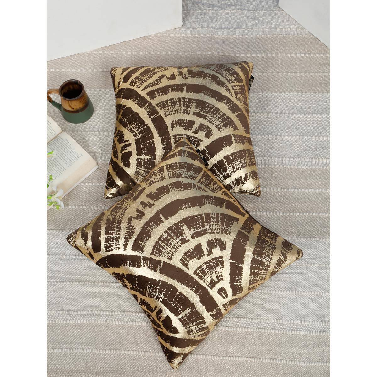 HOSTA HOMES Soft Velvet Golden Foil Graphic Printed Cushion Covers - Brown (16 x 16 Inches)
