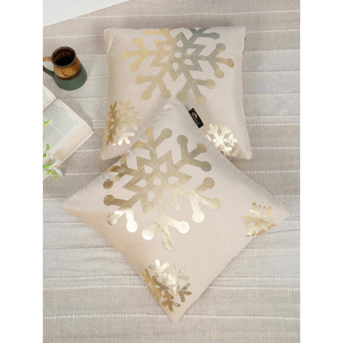 HOSTA HOMES Soft Velvet Golden Foil Abstract Printed Cushion Covers - Cream (16 x 16 Inches)