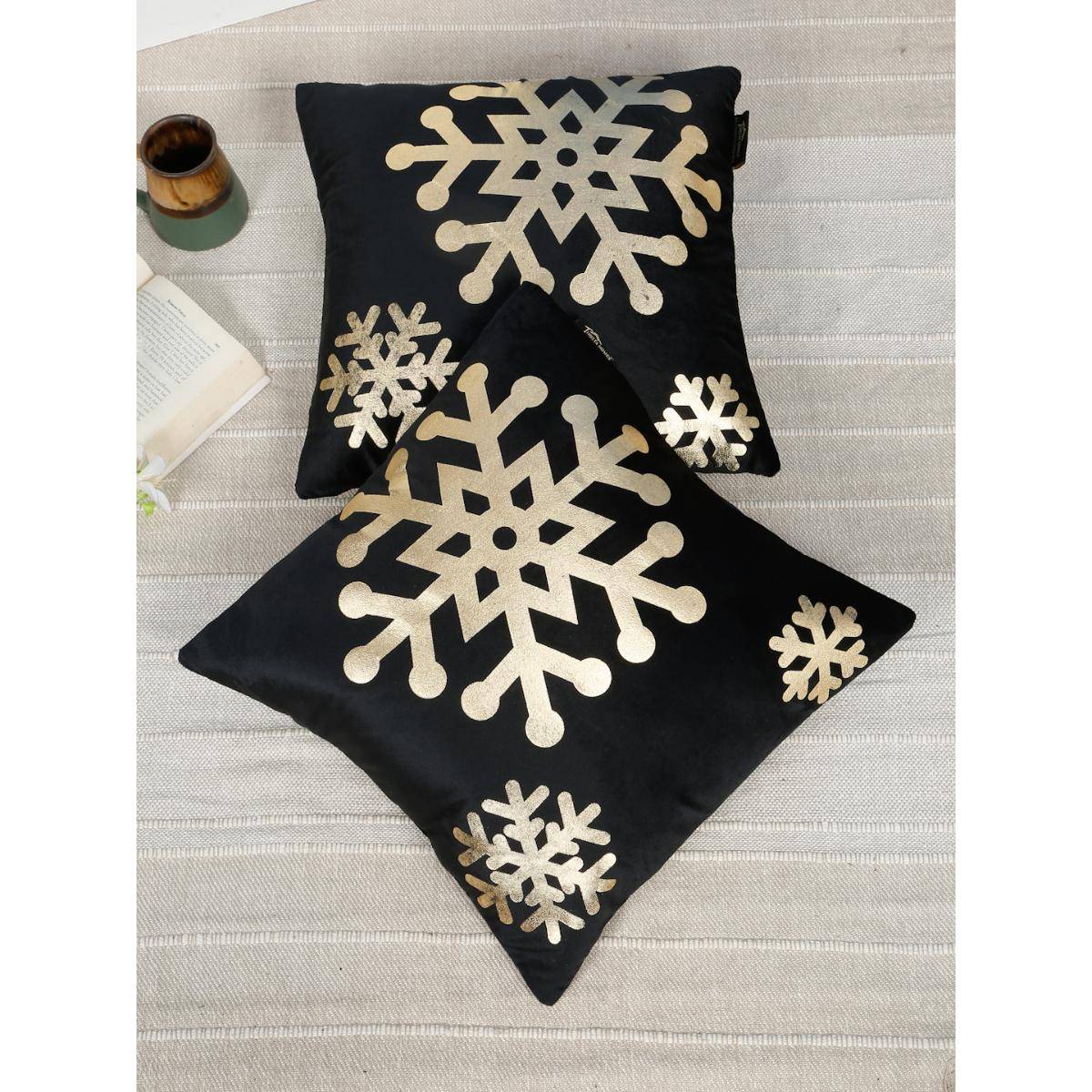 HOSTA HOMES Soft Velvet Golden Foil Abstract Printed Cushion Covers - Black (16 x 16 Inches)