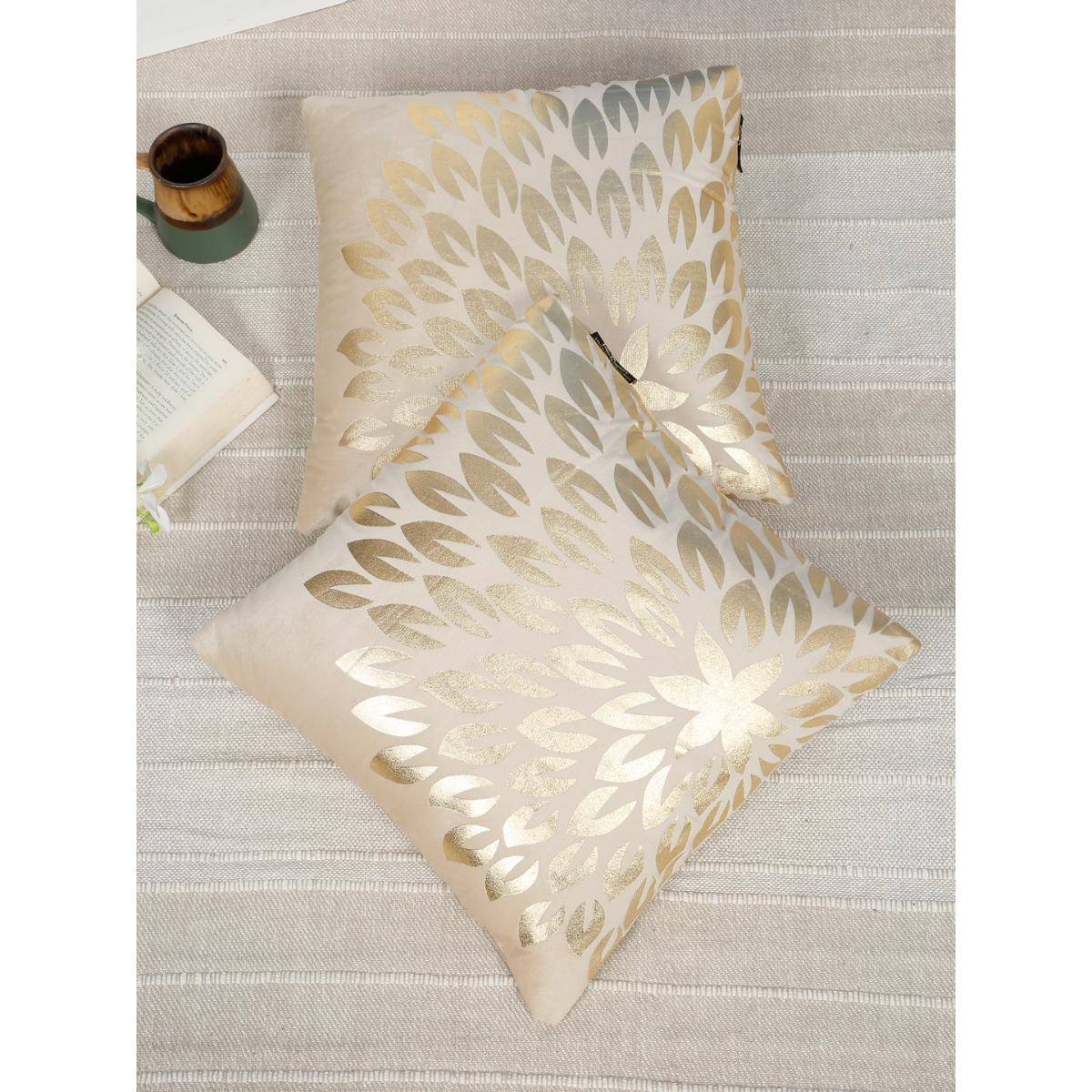 HOSTA HOMES Soft Velvet Golden Foil Nature Printed Cushion Covers - Cream (16 x 16 Inches)