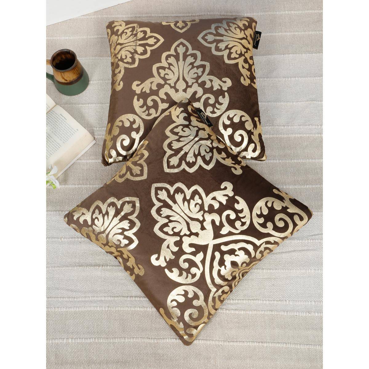 HOSTA HOMES Soft Velvet Golden Foil Ethnic Printed Cushion Covers - Brown (16 x 16 Inches)