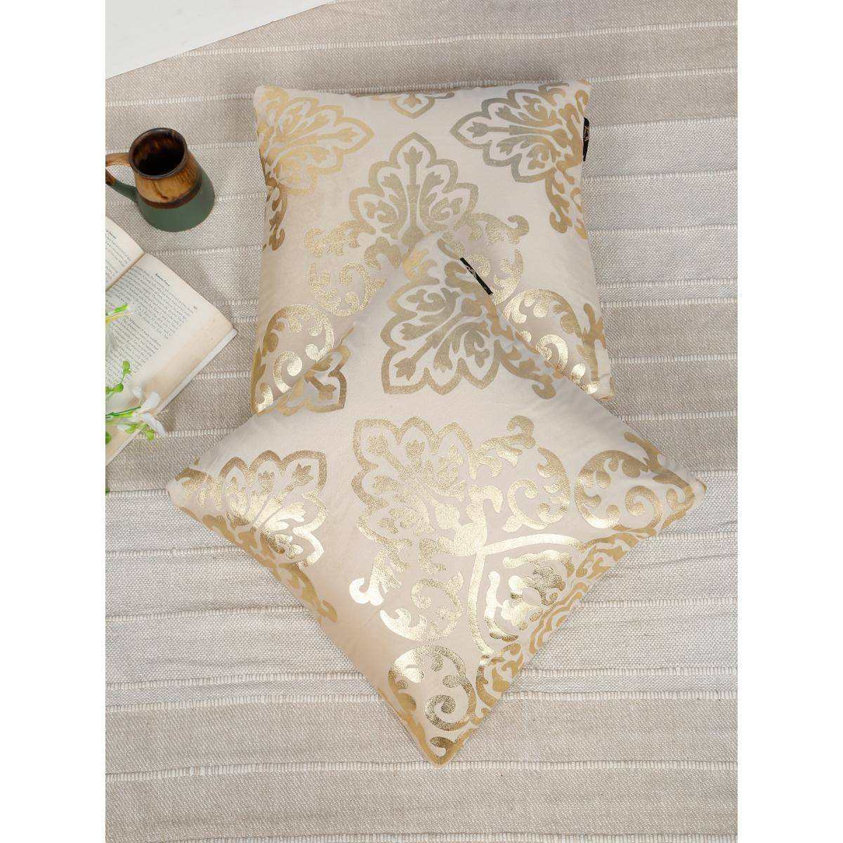 HOSTA HOMES Soft Velvet Golden Foil Ethnic Printed Cushion Covers - Cream (16 x 16 Inches)