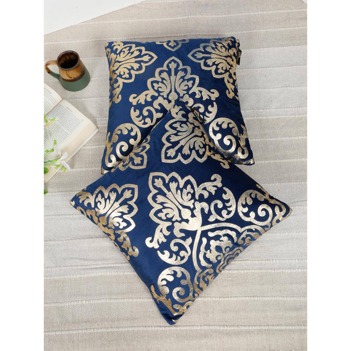 HOSTA HOMES Soft Velvet Golden Foil Ethnic Printed Cushion Covers - Navy Blue (16 x 16 Inches)