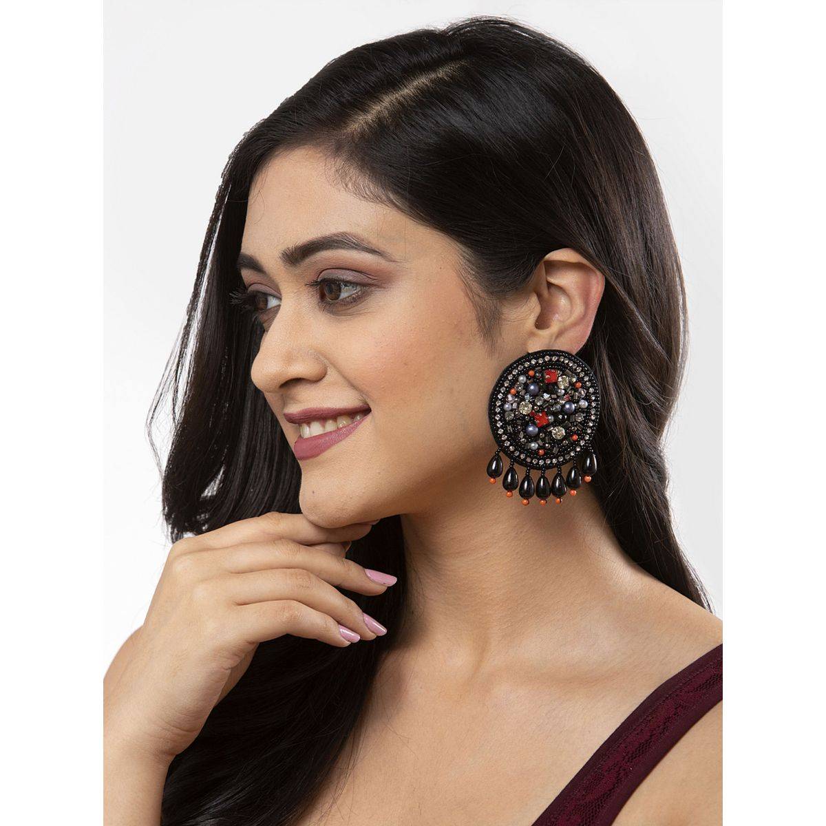 Moedbuille Multi Color Stone And Black Beads & Pearls Studded Contemporary Design Drop & Dangler