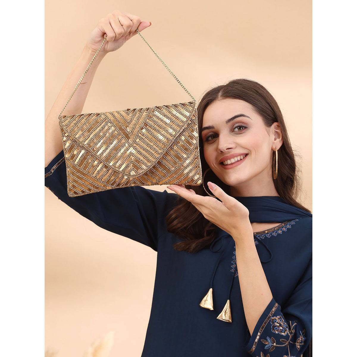 Anekaant Kooky Gold Chevron Sequinned Embellished Satin Sling Bag