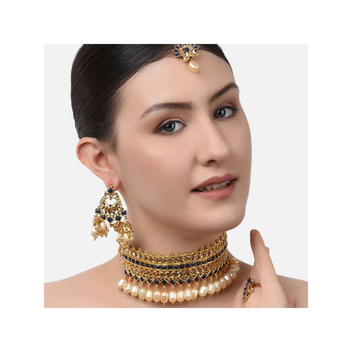 Zaveri Pearls Blue Stones Choker Necklace Earring Maangtikka & Ring Set