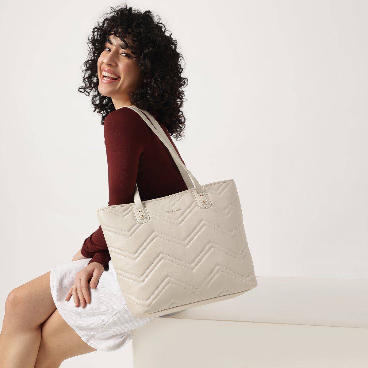 Fastrack Off White Casual Tote Bag with Laptop Sleeves That Holds Upto 14"