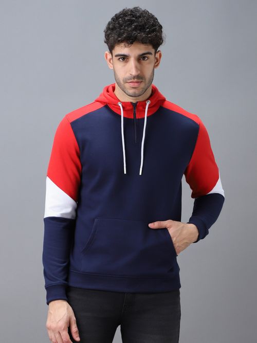 Urbano Fashion Men's Blue, Red Cotton Color Block Hooded Neck Sweatshirt - Main Image