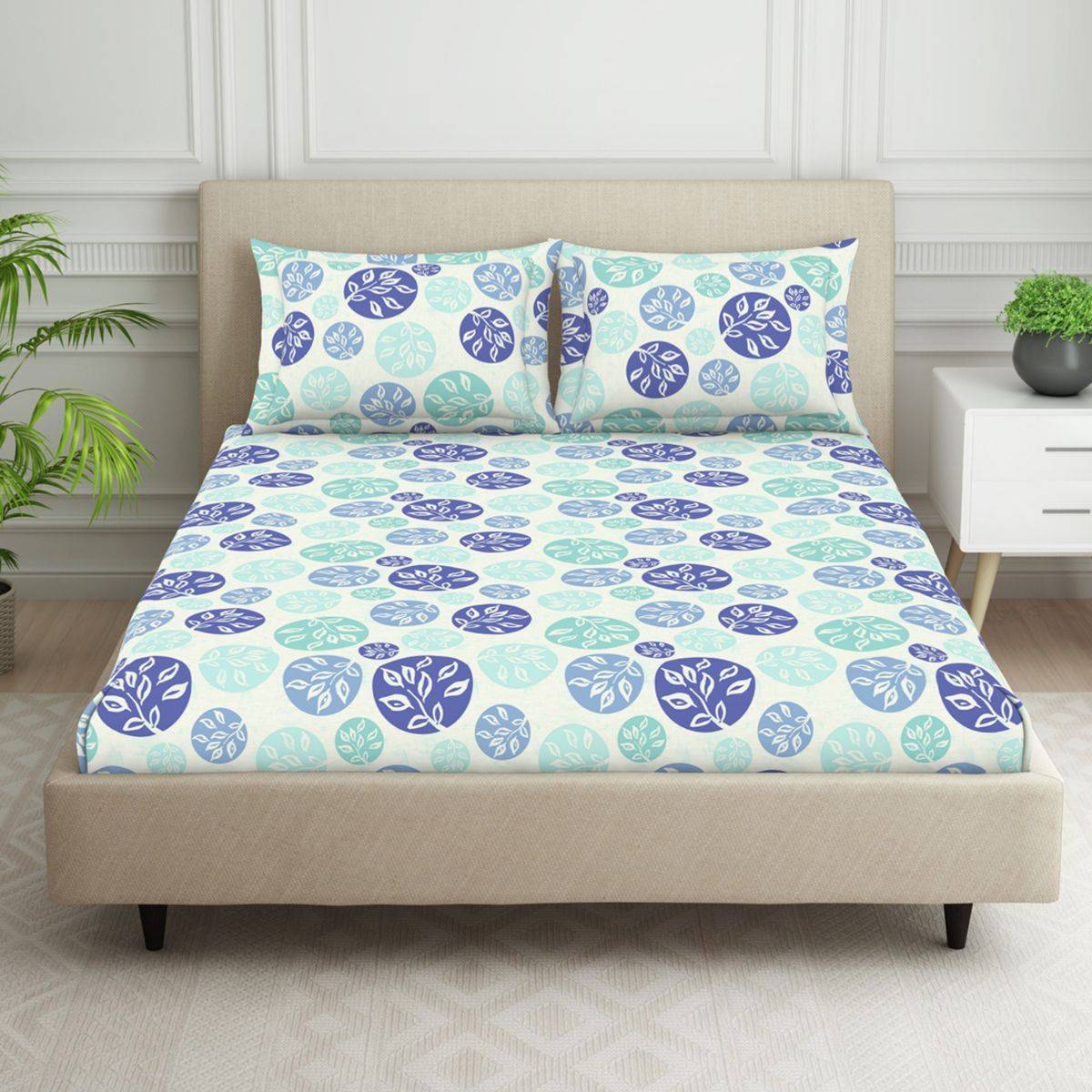 Welspun Blue Polycotton Double Bedsheet with 2 Pillow Cover