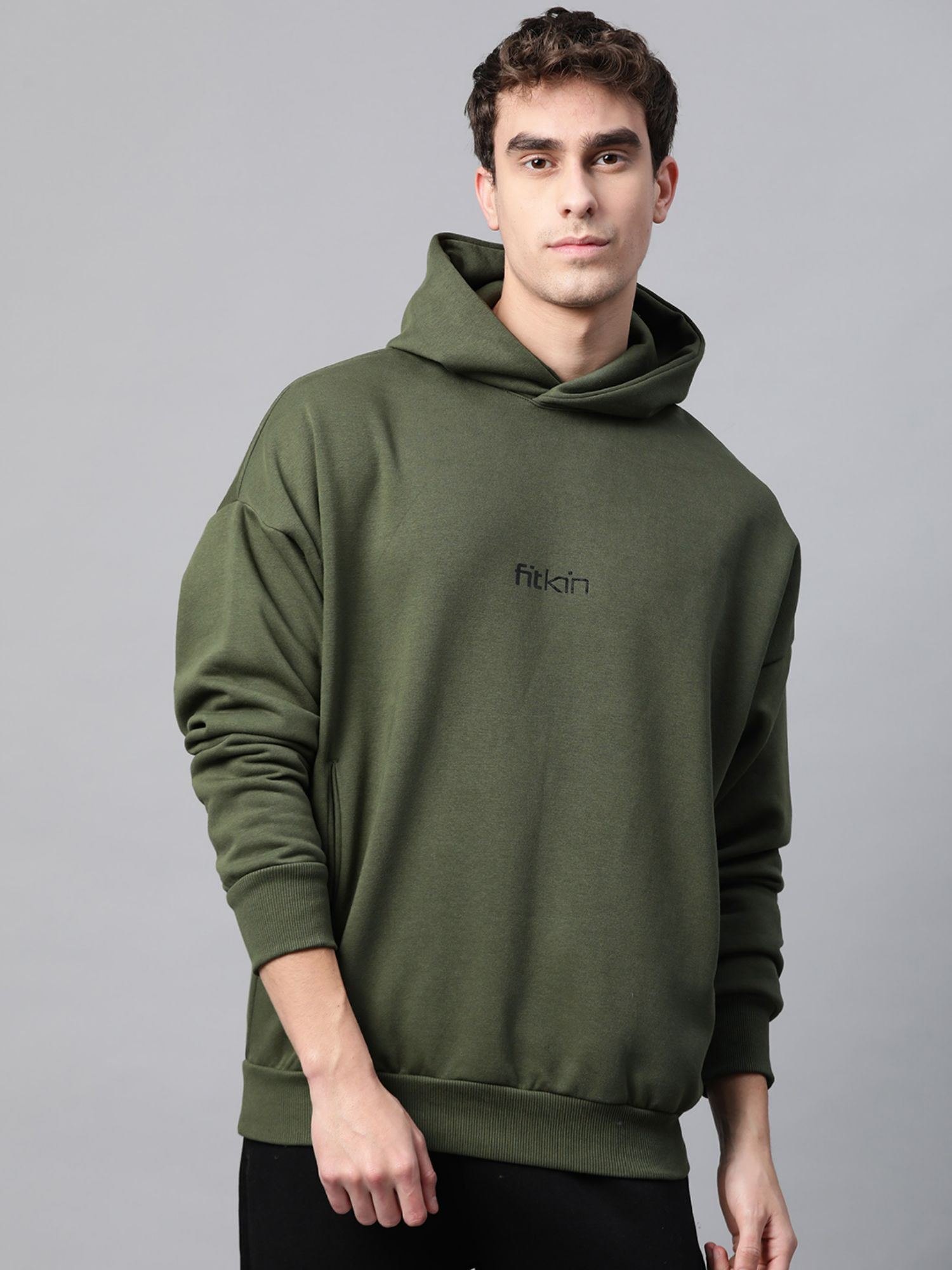 Buy Fitkin Mens Olive Fleece Winter Hoodie Sweatshirt Online