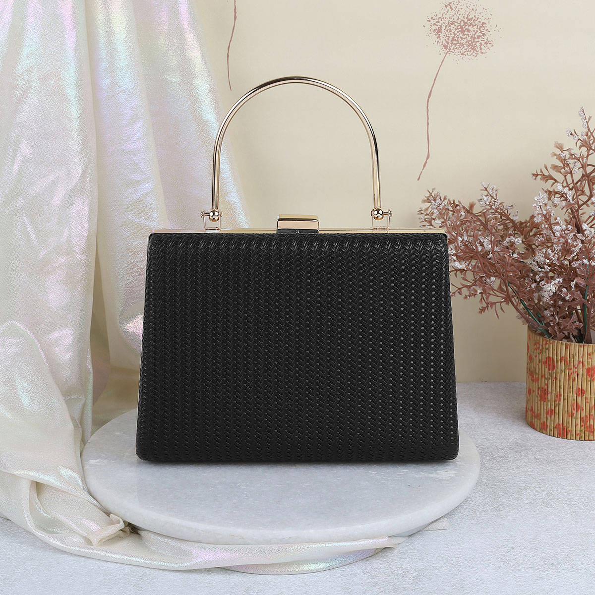 Metro Solid Black Party Clutche with Detachable Sling