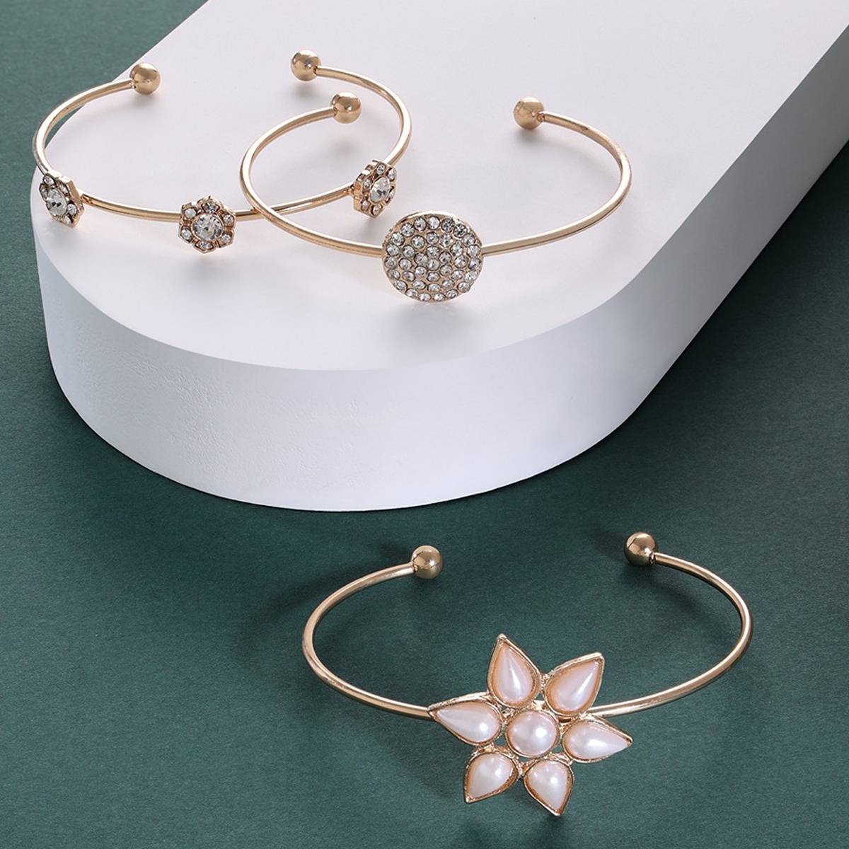 Zaveri Pearls Set of 3 Gold Tone Dazzling Diamonds & Teardrop Pearl Stack Bracelets-ZPFK14631
