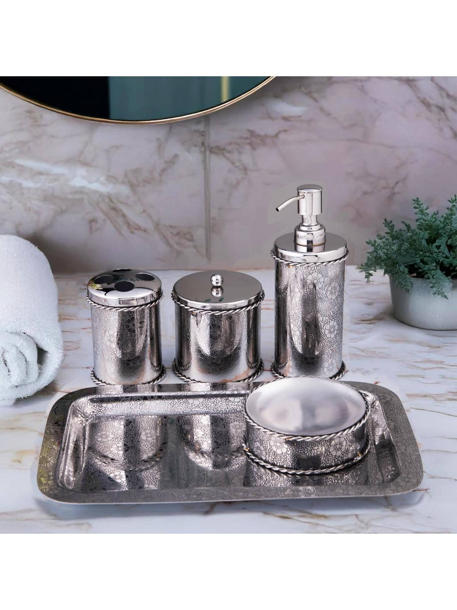 Gibox Floral Texture Metal Bathroom Set 5 Pc Bath Accessories