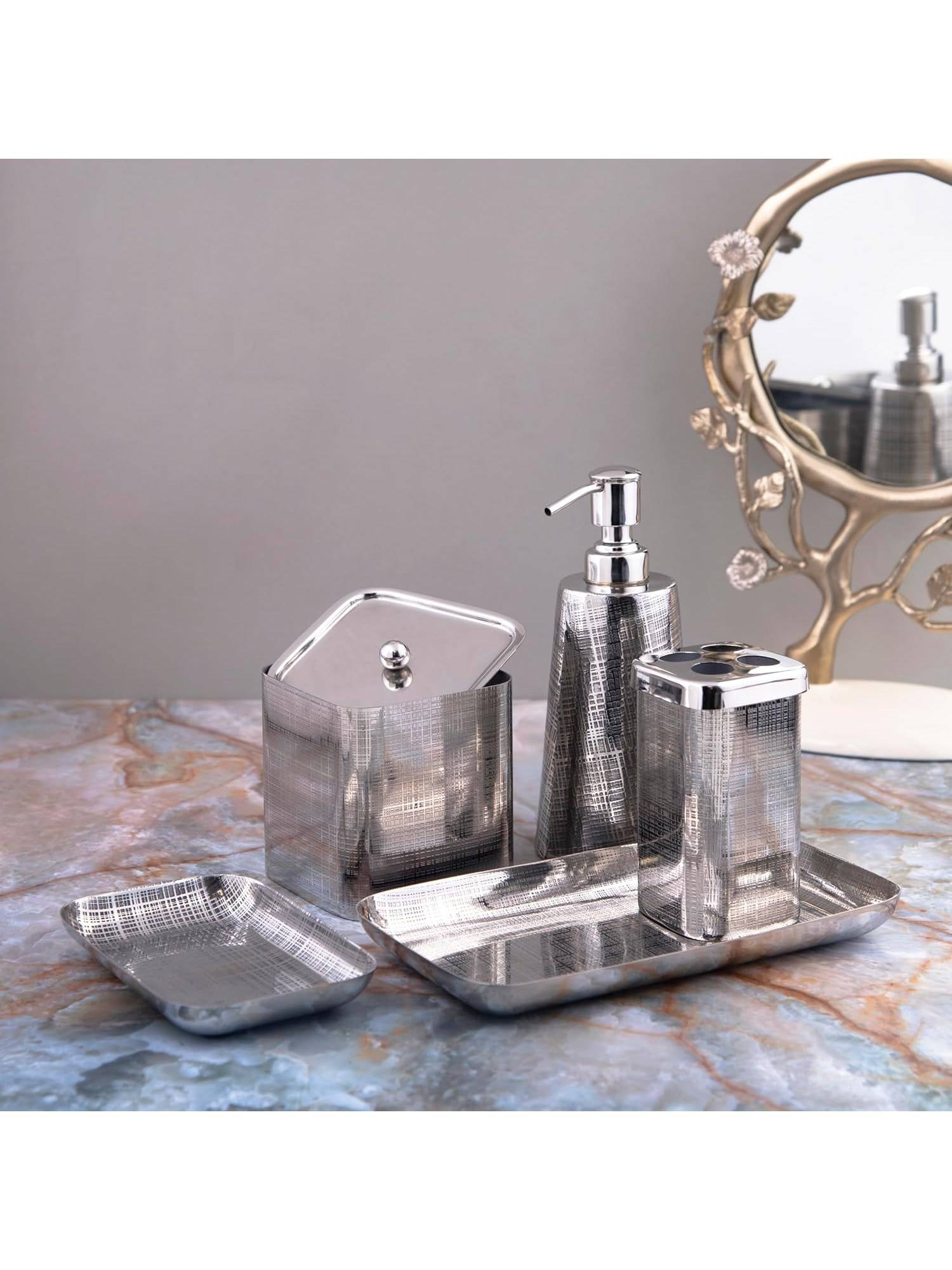 Gibox Modern Textured Stainless Steel Bathroom Set 5 Pc Bath Accessories
