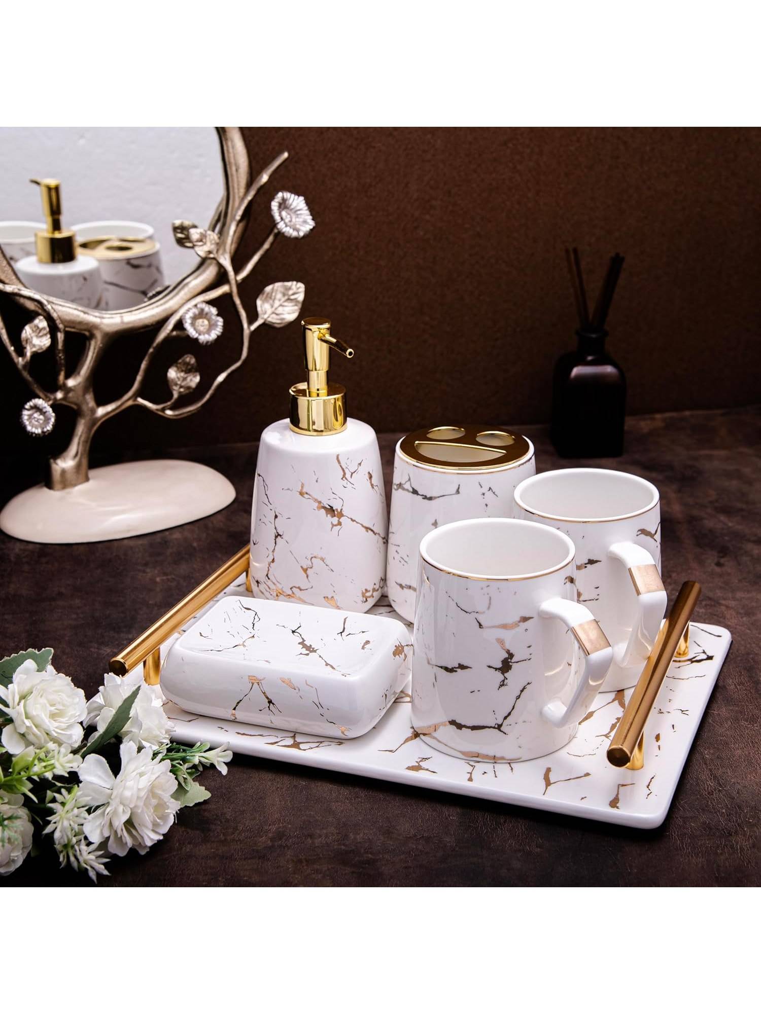 Gibox White Ceramic Bathroom Set 6 Pc Marble Design with Gold Finish