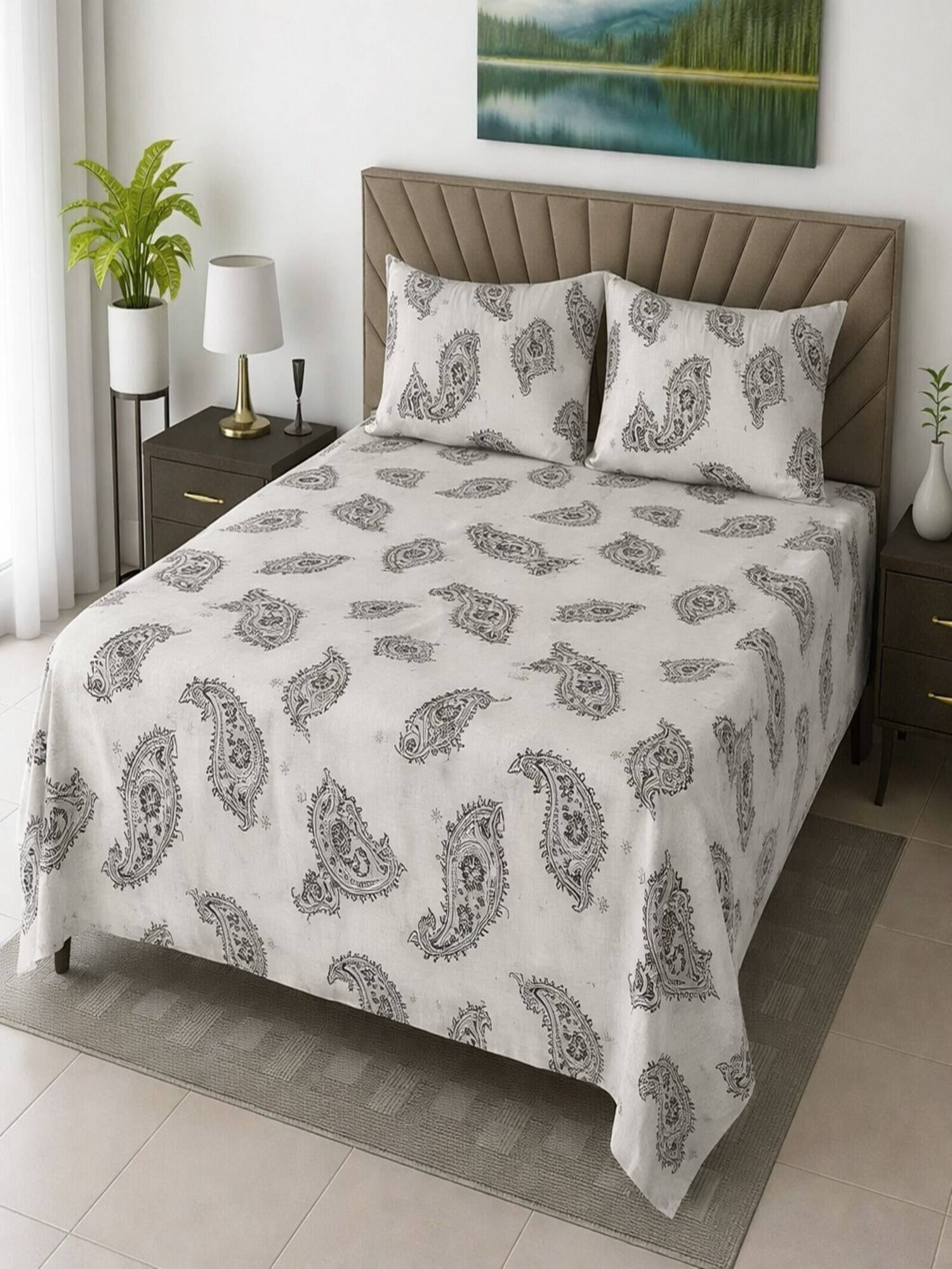 Threadwear White Floral Cotton Flat Bedsheet With 2 Pillow cover (Super King)