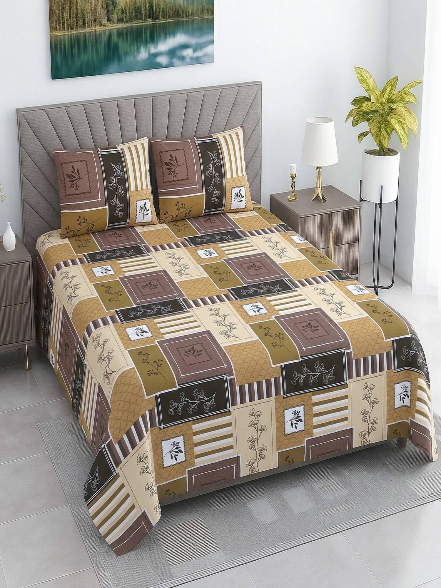 Threadwear Multicolor Floral 400 TC Cotton Flat Bedsheet With 2 Pillow cover (Super King)