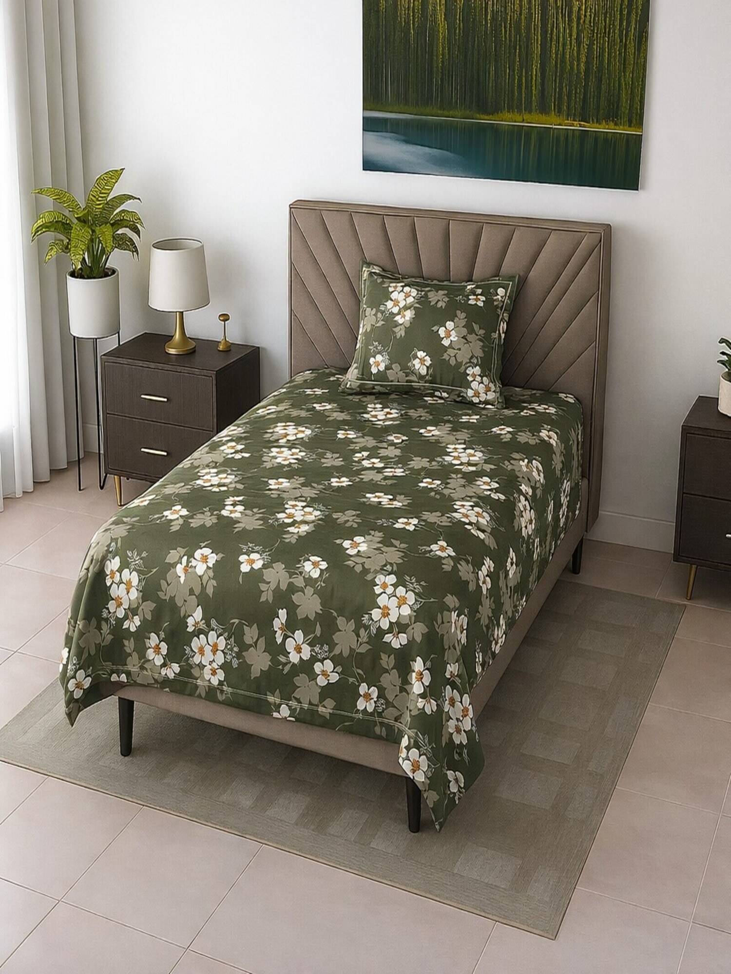Threadwear Dark Green Floral 290 TC Cotton Flat Bedsheet With Pillow Cover (Single)