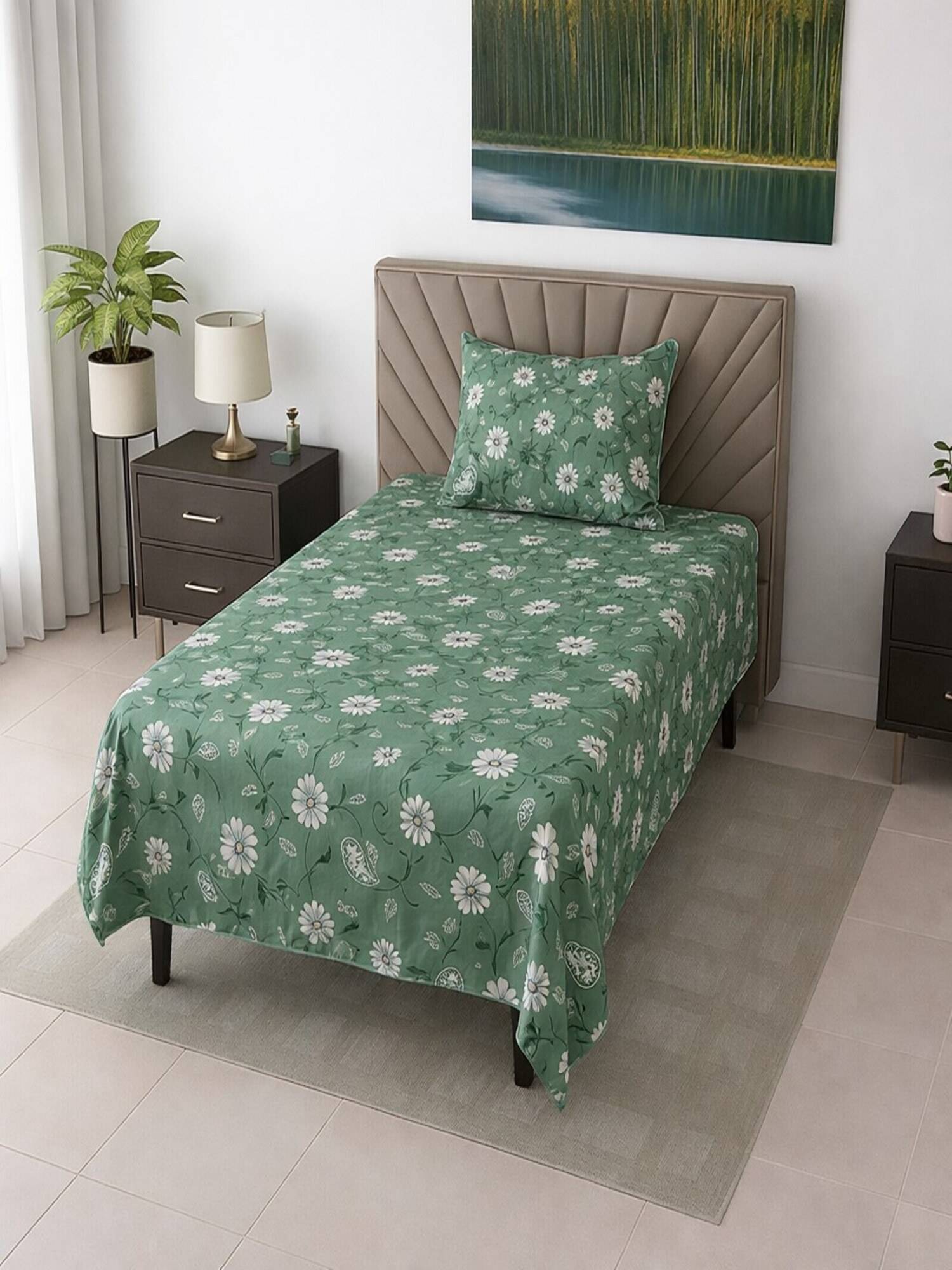 Threadwear Green Floral 290 TC Cotton Flat Bedsheet With Pillow Cover (Single)