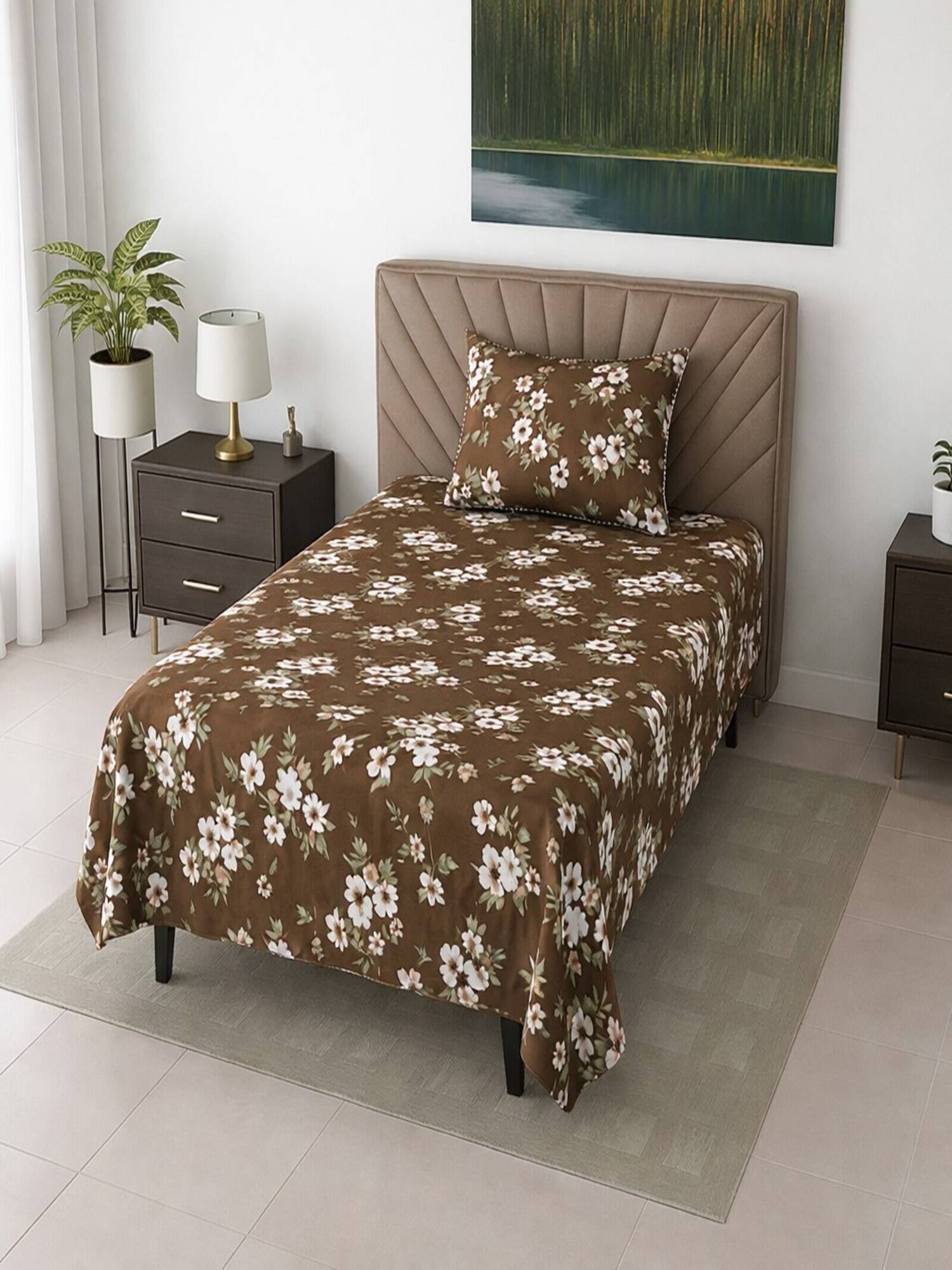 Threadwear Coffee Shade Floral 290 TC Cotton Flat Bedsheet With Pillow Cover (Single)
