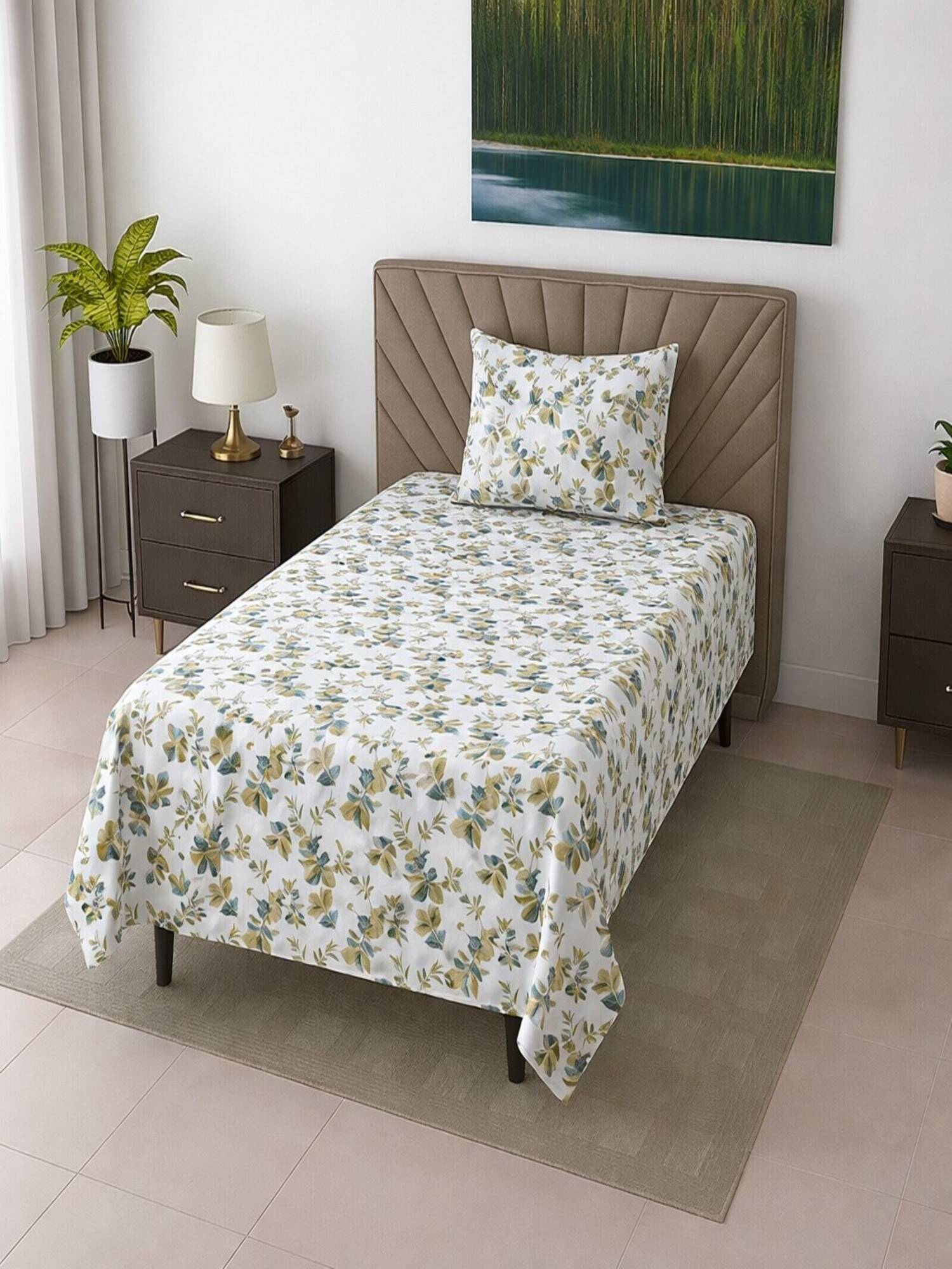 Threadwear White Floral 290 TC Cotton Flat Bedsheet With Pillow Cover (Single)