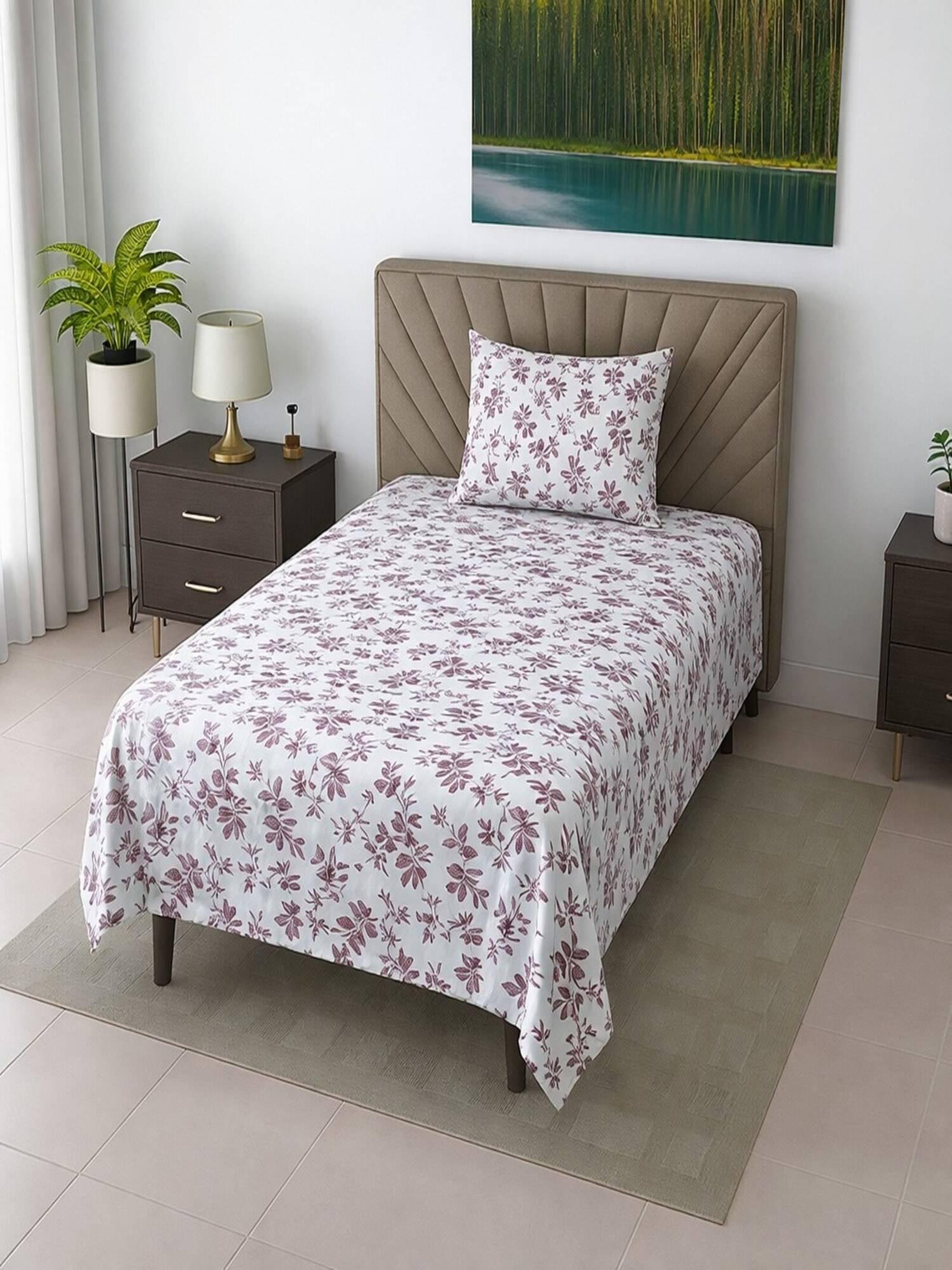 Threadwear White Floral 290 TC Cotton Flat Bedsheet With Pillow Cover (Single)